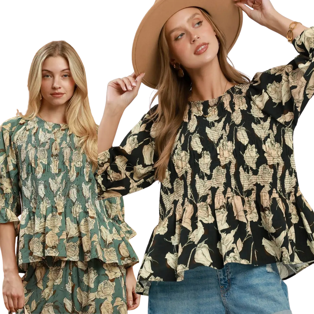 Mix floral smocked yoke blouse with 3/4 raglan sleeves and ruffle details