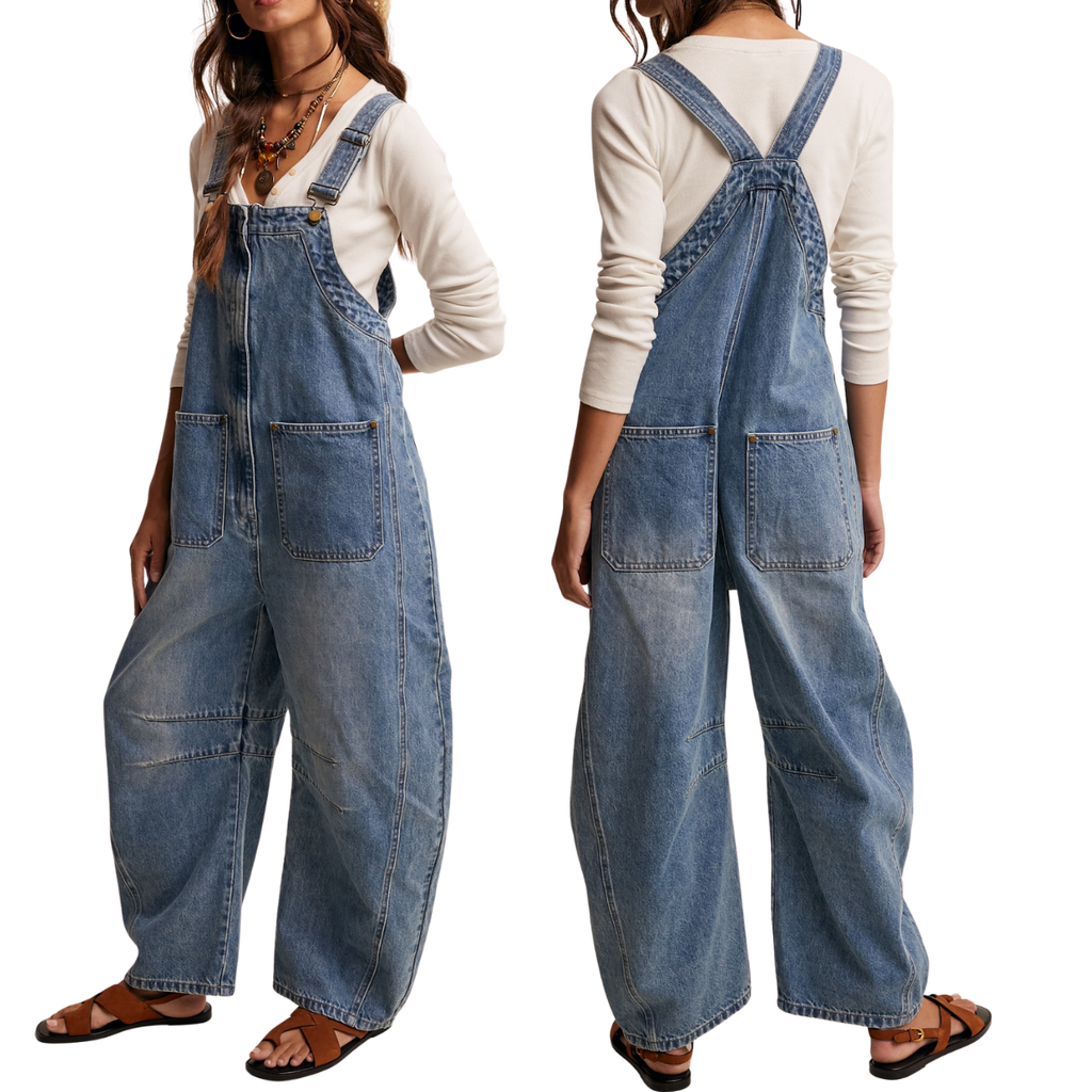 Shop the Listicle Western Wide Leg Barrel Denim Overalls in Sunwashed Blue featuring a relaxed barrel leg, functional pockets, and effortless everyday style.