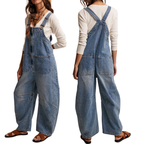 Shop the Listicle Western Wide Leg Barrel Denim Overalls in Sunwashed Blue featuring a relaxed barrel leg, functional pockets, and effortless everyday style.