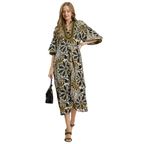 Abstract print midi dress with split V-neckline, contrast trim, short wide sleeves, and side pockets