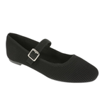The MIA Brita Knit MaryJane Ballet Flat is a black ballet flat featuring a textured knit surface, rounded toe, and a single strap across the top secured by a silver buckle. It also includes a cushioned footbed for added comfort.