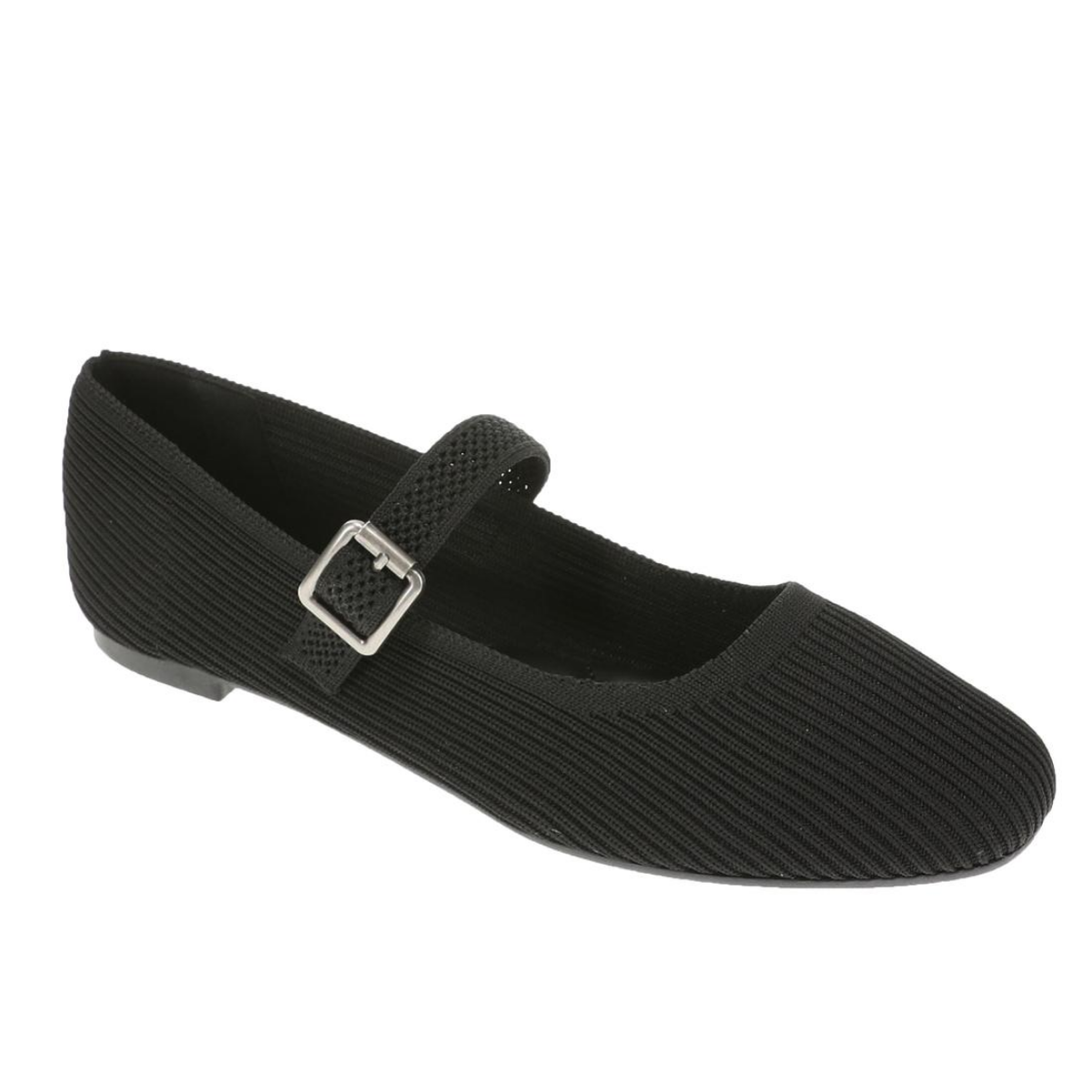 The MIA Brita Knit MaryJane Ballet Flat is a black ballet flat featuring a textured knit surface, rounded toe, and a single strap across the top secured by a silver buckle. It also includes a cushioned footbed for added comfort.