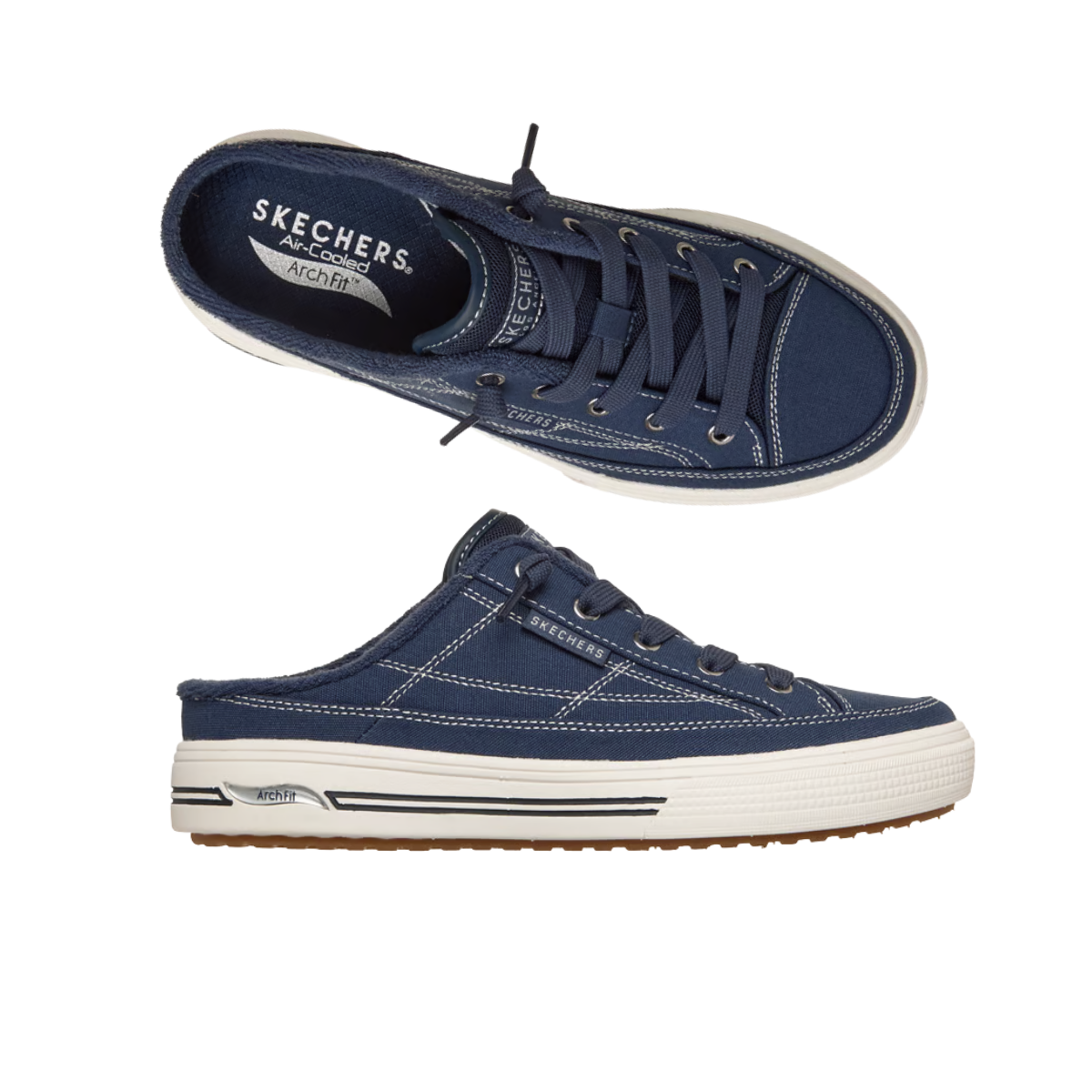 SKECHERS Arcade Arch Fit Backless Navy Sneakers with white soles and visible stitching, shown from the side and top on a white background. Main image