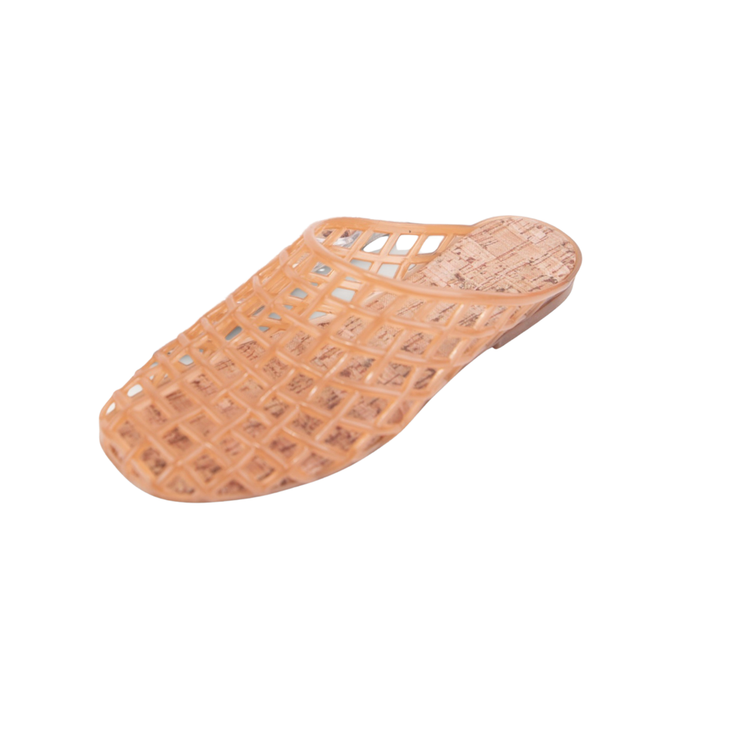 The SUMMER RIO Natural Clear Jelly Mule is a tan plastic slip-on sandal featuring a lattice design and flat sole, showcased against a white background.