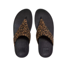 A pair of fit flop Lulu Leopard Suede Toe Post Sandals with wide leopard print suede straps and a Microwobbleboard midsole, seen from above on a white background.