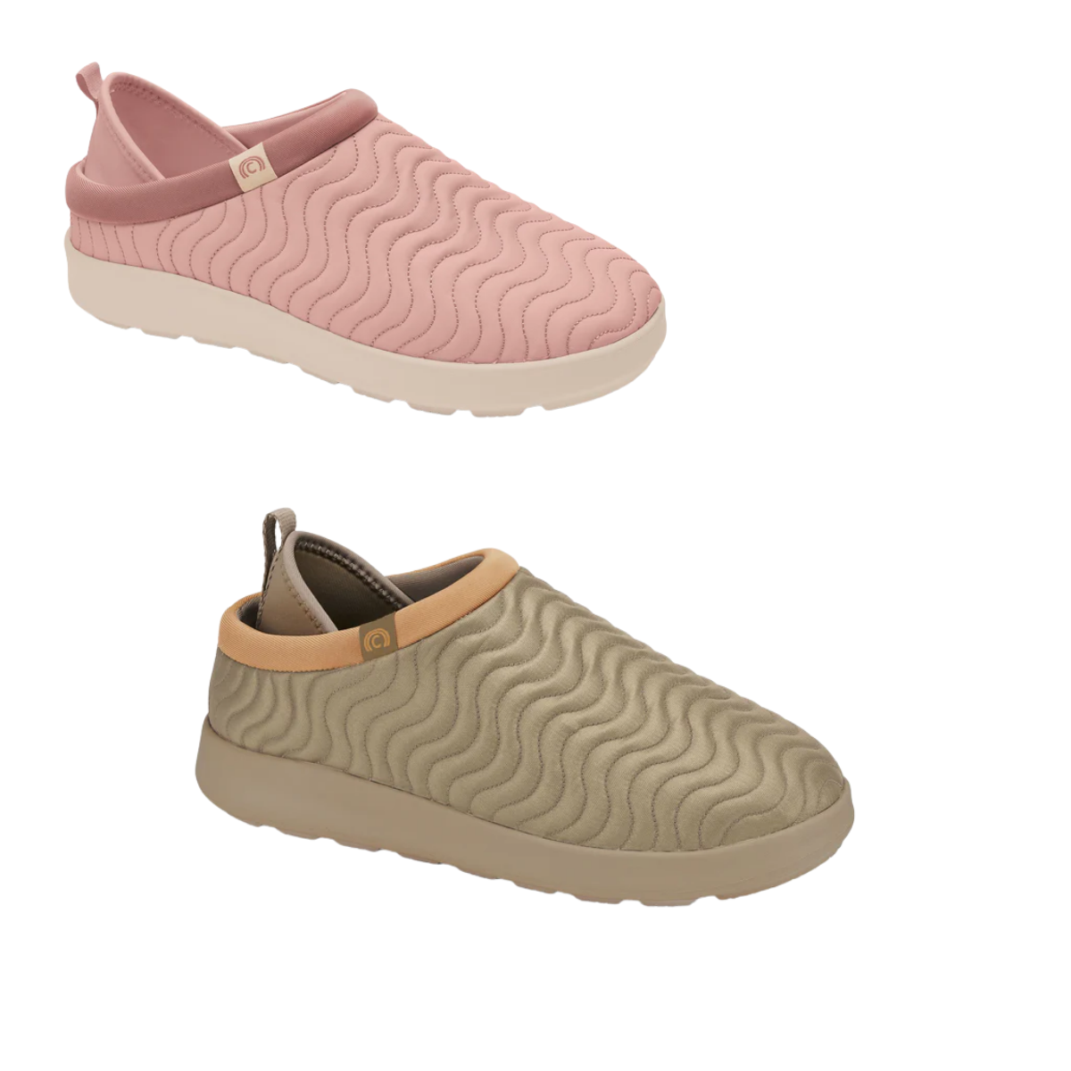 Introducing the COBIAN Nami Flip Slips: These closed-toe sandals come in two styles—one in pink with a light sole and one in olive green with beige sole and trim. Both slip-on shoes feature textured, wave-like uppers and a cushioned footbed for all-day comfort. Main image
