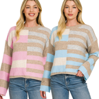 Two women stand side by side against a white background, both wearing the FASHION GO Lightweight Wool Blend Color Block Sweater in neutral, pink, and blue stripes—perfect for your fall wardrobe—and paired with classic blue jeans.