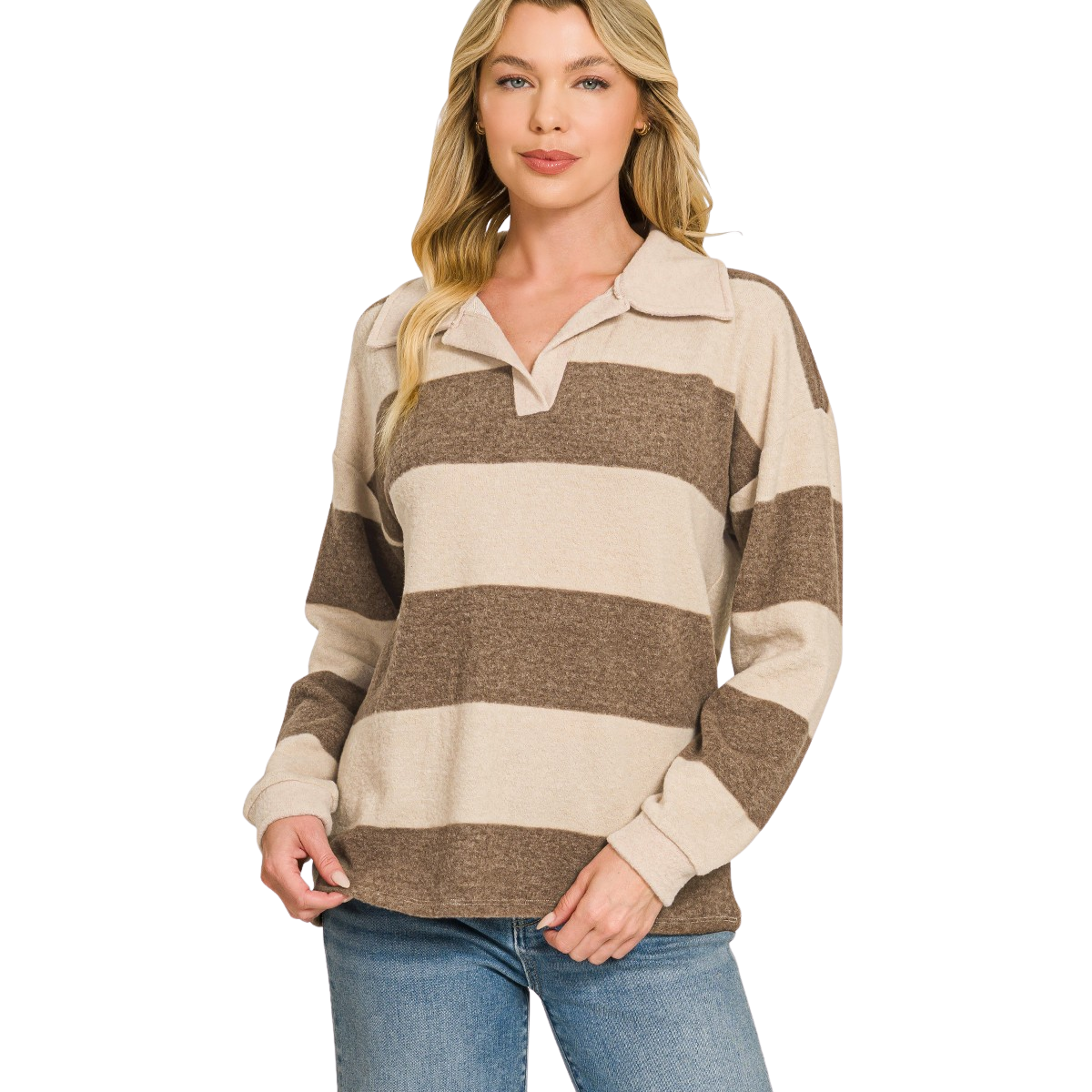 Brushed striped Hacci collared sweater for women in a soft knit fabric with a relaxed fit