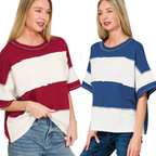 French terry color block top with exposed seams and wide stripe pattern in a relaxed fit