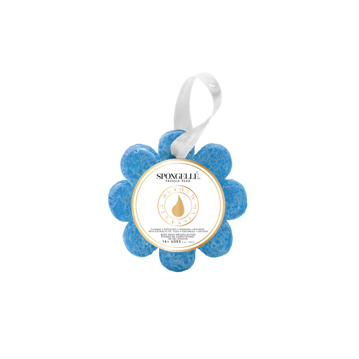 The Freesia Pear | Wild Flower Bath Sponge by Kelli's features a blue flower-shaped design from Spongellé, infused with an invigorating freesia pear scent. It includes a white ribbon handle and a round central product label. Main image