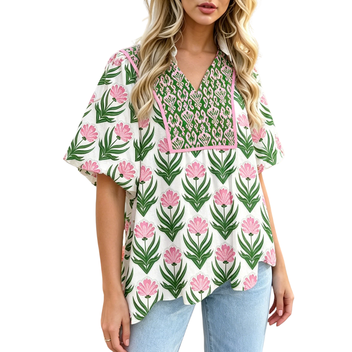 Women's floral print blouse with puff sleeves, contrast bordered V-neckline, and relaxed flowy fit Main image