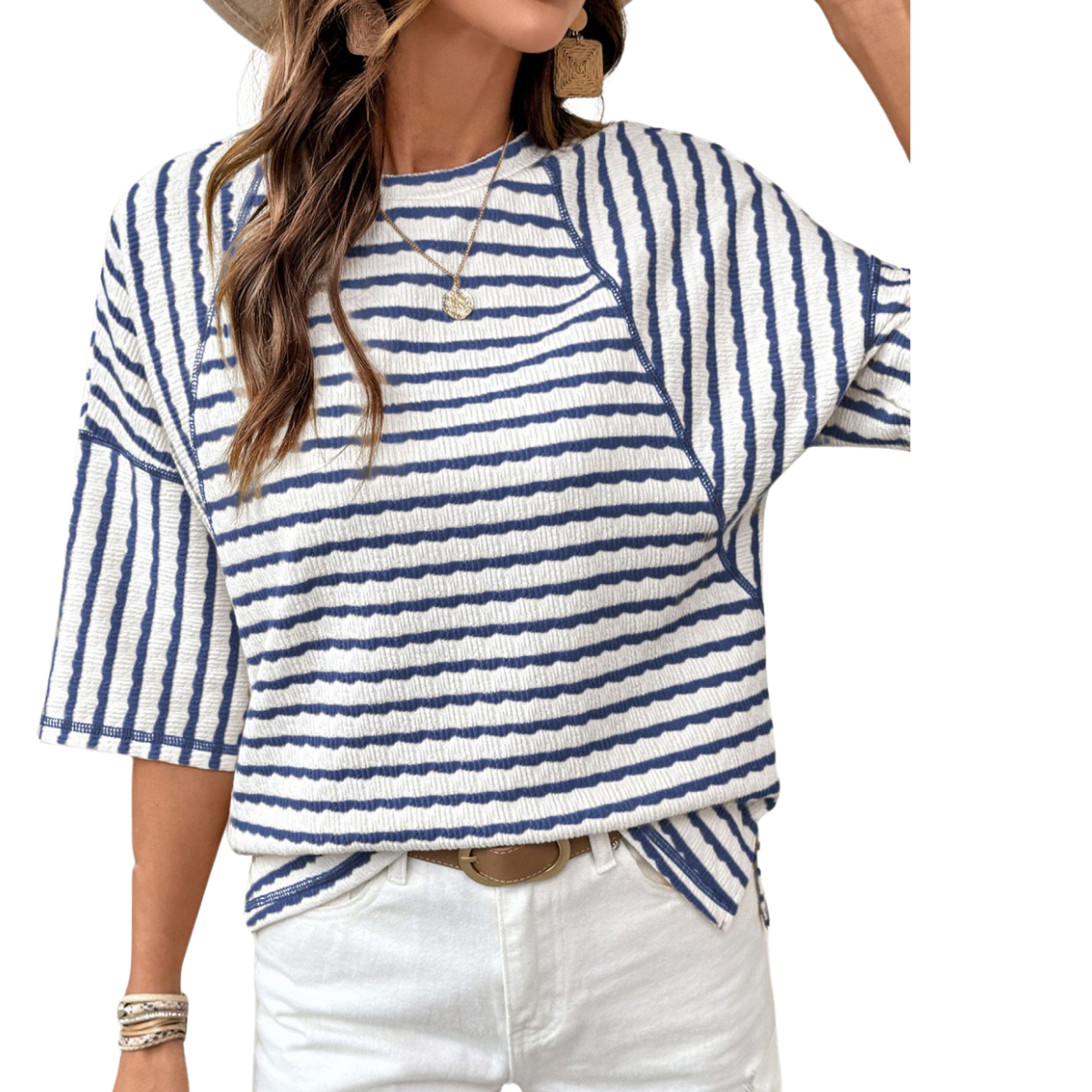 Women's stripe textured knit top with a round neckline, half sleeves, relaxed fit, and split hem Main image