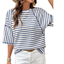 Women's stripe textured knit top with a round neckline, half sleeves, relaxed fit, and split hem