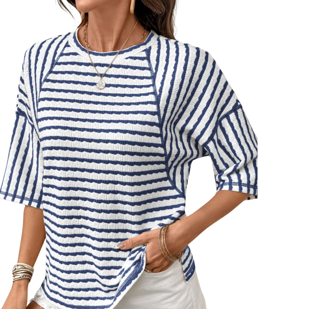 Women's stripe textured knit top with a round neckline, half sleeves, relaxed fit, and split hem