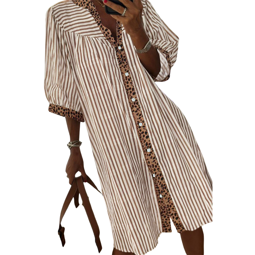 Women's striped shirt dress with leopard trim accents, button-front closure, bracelet sleeves, and a relaxed fit