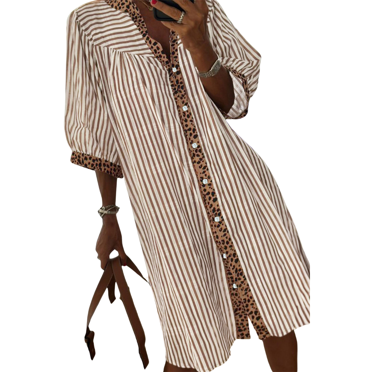 Women's striped shirt dress with leopard trim accents, button-front closure, bracelet sleeves, and a relaxed fit