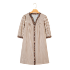 The FASHION GO Leopard Trim Loose Bracelet Sleeve Shirt Dress features a knee-length, striped design with vertical brown stripes and eye-catching leopard print trim along the neckline, cuffs, and front. Displayed on a wooden hanger against a white background, this dress offers stylish bracelet sleeves for a chic look.