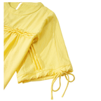 The Tie Half Sleeve Pleated Detail Babydoll Blouse by FASHION GO is a yellow top made from lightweight, breathable fabric, featuring short sleeves with gathered pleat detailing on the chest and ribbon ties at the sleeve ends, shown against a white background.