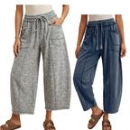 Two people wearing the FASHION GO Mineral Wash Barrel Fit Utility Knit Pants—one pair in grey and the other in blue—crafted from soft French terry knit, both featuring front pockets, standing barefoot or in sandals against a white background.