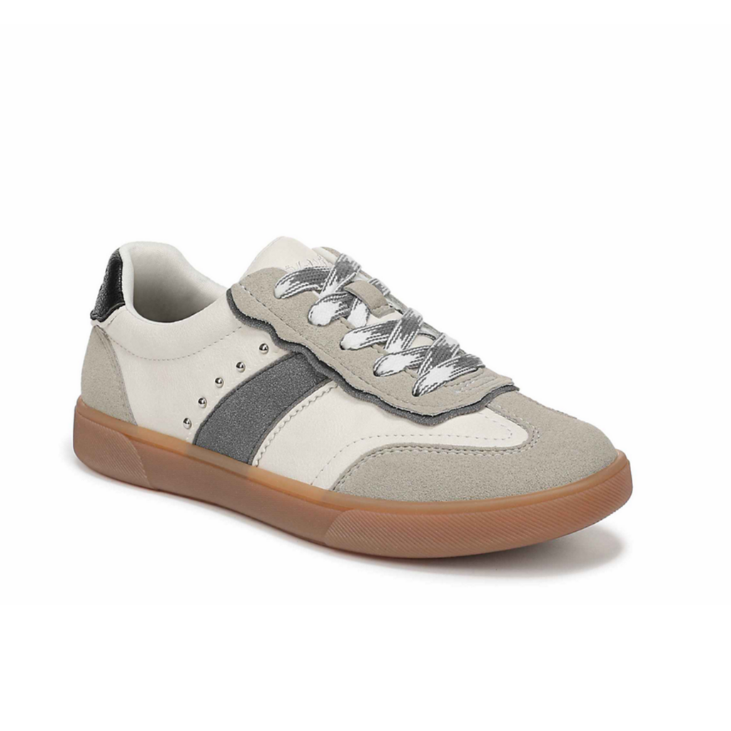 The Caleres Tastic 2 Sneaker features a white and gray design with suede accents, black side stripe, cushioned footbed, gray-and-white laces, and a gum sole, shown on a white background.