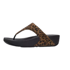 The fit flop Lulu Leopard Suede Toe Post Sandal, featuring a brown leopard suede strap and thick black Microwobbleboard midsole, is shown on a white background.