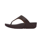 The FITFLOP USA LLC Lulu Leather Toe Post in Chocolate Brown, with a thick strap and contoured Microwobbleboard midsole, is displayed in side profile on a white background.