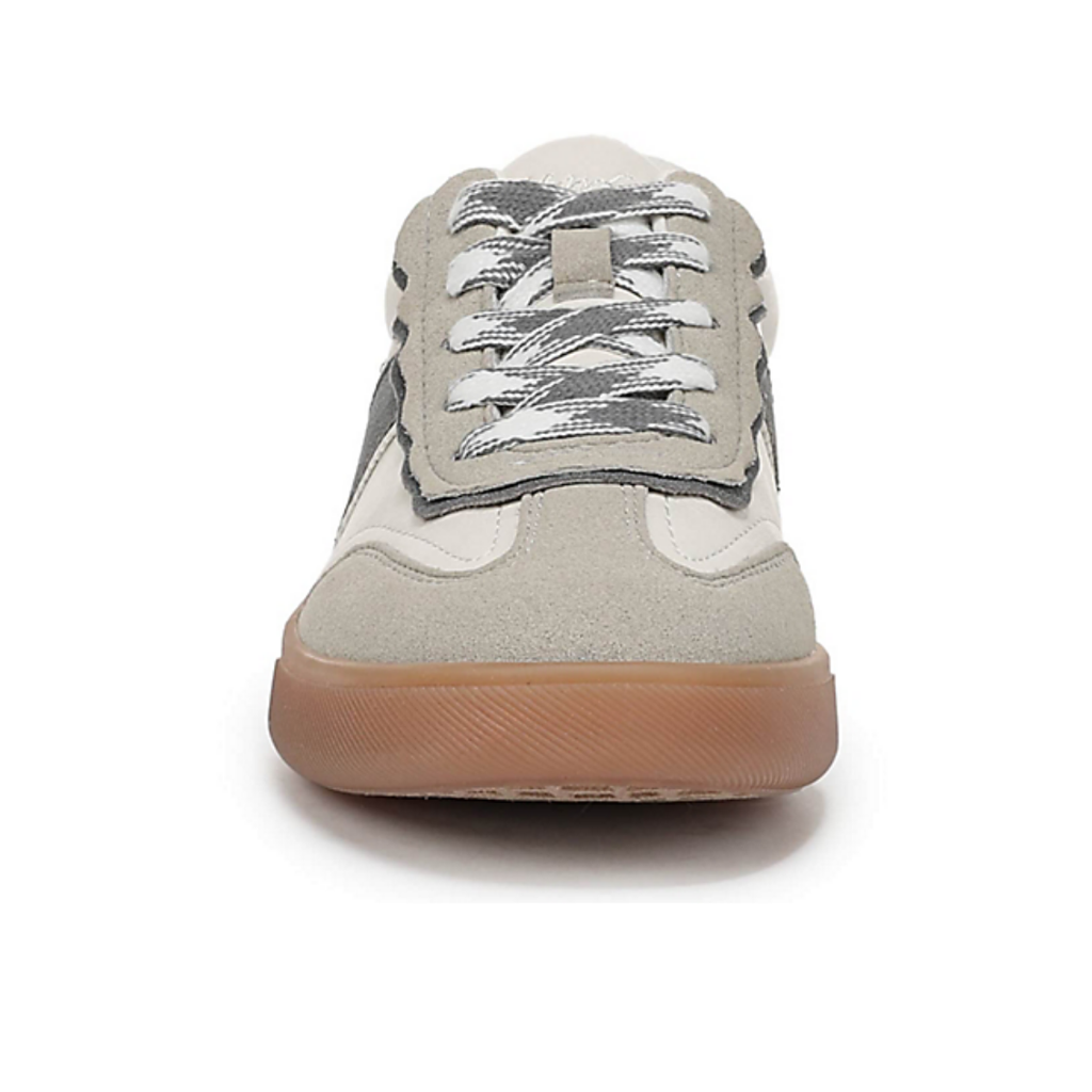 Front view of the Caleres Tastic 2 Sneaker, a stylish shoe with white and gray panels, white laces, a light brown rubber sole, and a cushioned footbed for all-day comfort on a white background.