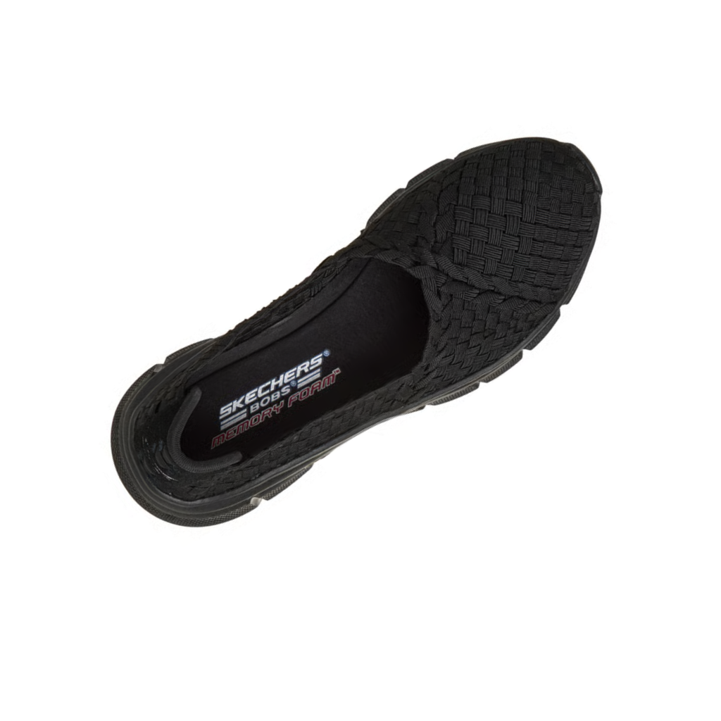 A single black BOBS Sport B Flex - Flex Web Elastic Ballet Flat by SKECHERS USA INC, featuring a woven upper and memory foam insole, viewed from above on a white background.