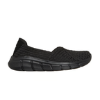 A single black BOBS Sport B Flex - Flex Web Elastic Ballet Flat by SKECHERS USA INC, featuring a woven textured upper and a thick, textured rubber sole, is displayed in side view on a white background. This easy slip-on design offers the comfort of memory foam cushioning in a flexible silhouette.