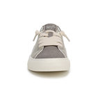 Front view of the Martina Too Silver Canvas Sneaker by Caleres, featuring white laces, a cushioned footbed, and a white rubber sole, shown against a plain white background.