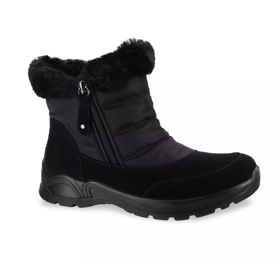 The EASY STREET Easy Street Easy Dry Frosty Women's Waterproof Boots are black winter boots with a side zipper, faux fur lining, and a textured rubber sole—designed for cold weather.