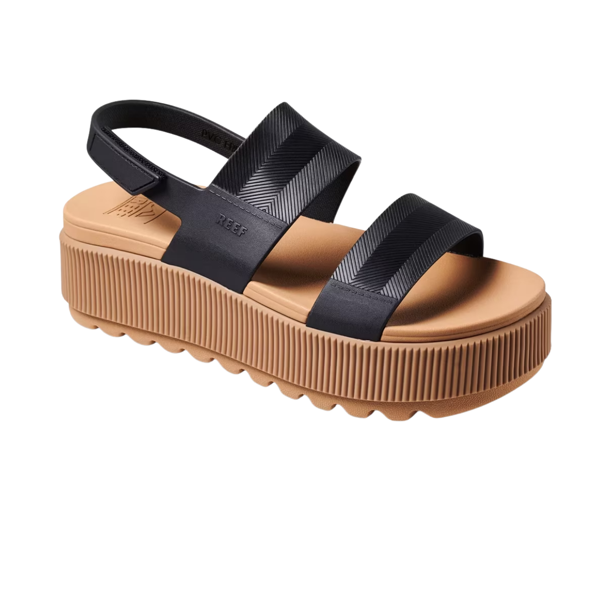The REEF Water Vista Higher in Black is a wedge sandal with two wide straps, a back strap, cushioned footbed, and a thick textured sole. Main image