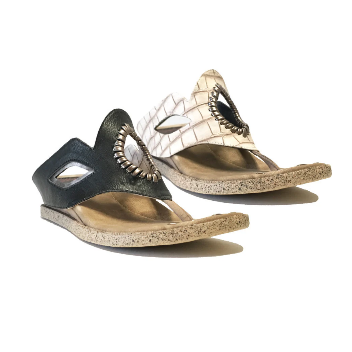 Two MODZORI Lirah #1 Reversible Black to Blone sandals with textured soles, one black and one beige, both featuring cutouts and decorative stitching, are displayed on a white background. Main image