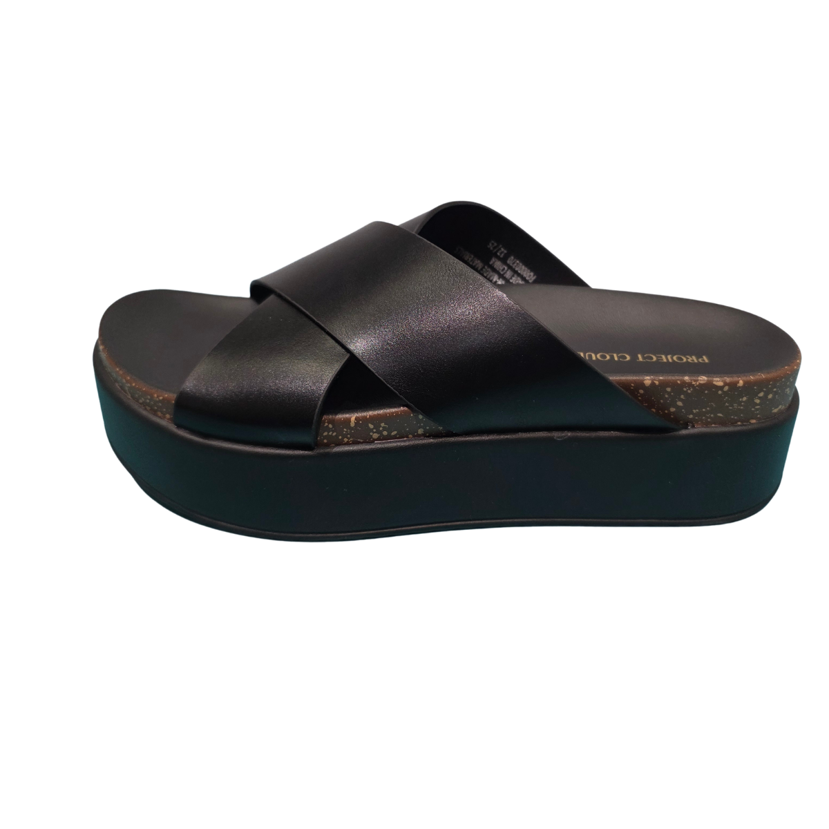 The Strappy Platform Sandal in Black by Project Cloud features crisscross leather straps and a thick sole, shown in a side view against a white background.