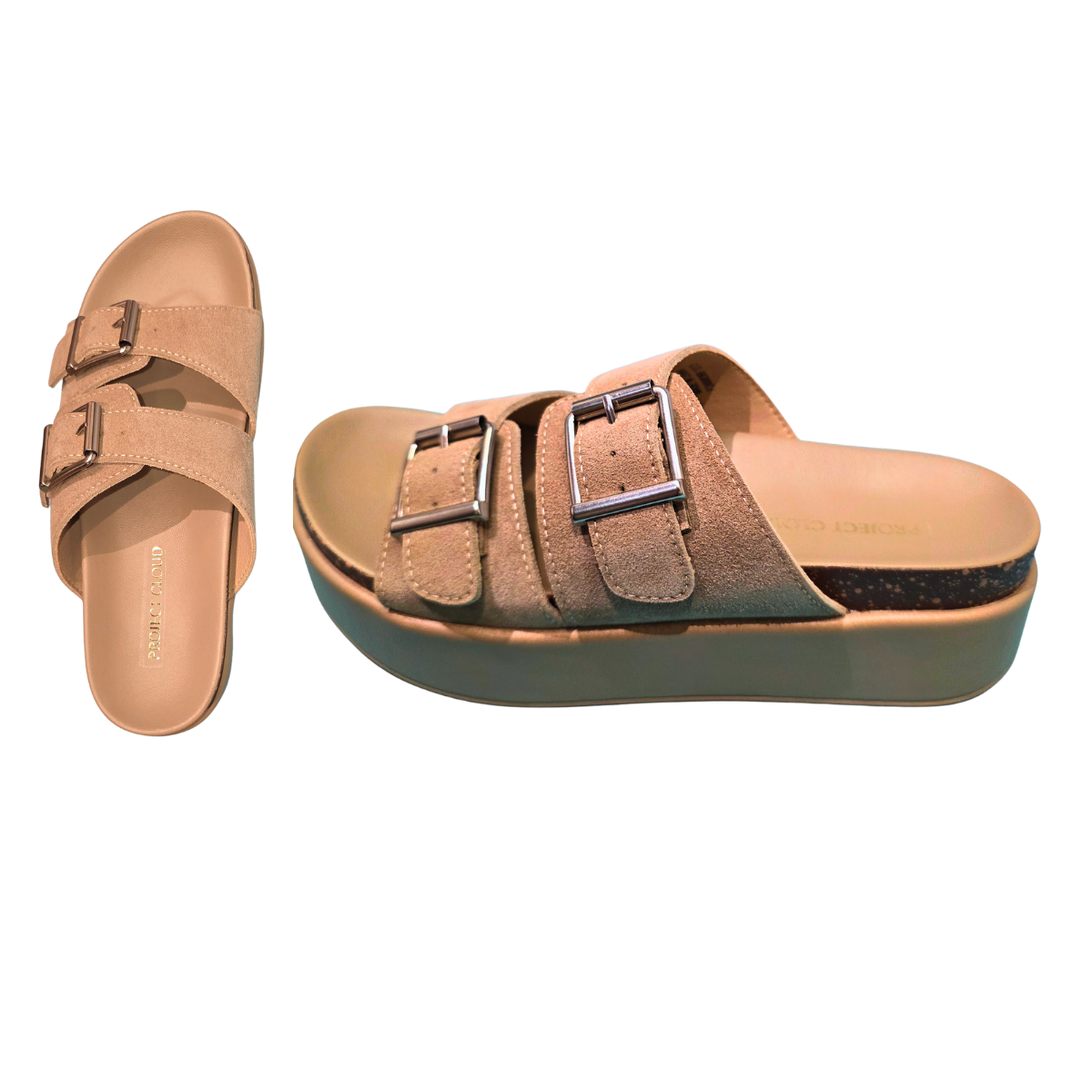 The Sophie Platform Sandal in Taupe Suede by Project Cloud features two adjustable buckle straps and a thick sole, shown from top and side views against a white background. Main image