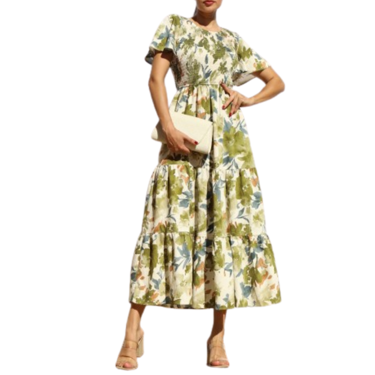A person wearing the FASHION GO Smocked Top Woven Floral Tiered Midi Dress, holding a beige clutch, and paired with beige heeled sandals.