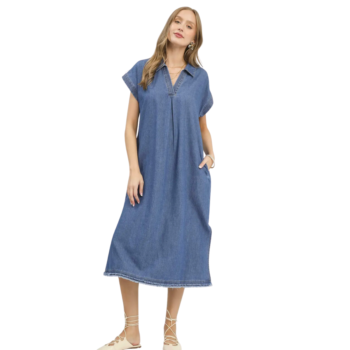 stone washed collared denim midi dress with side slits and pockets Main image