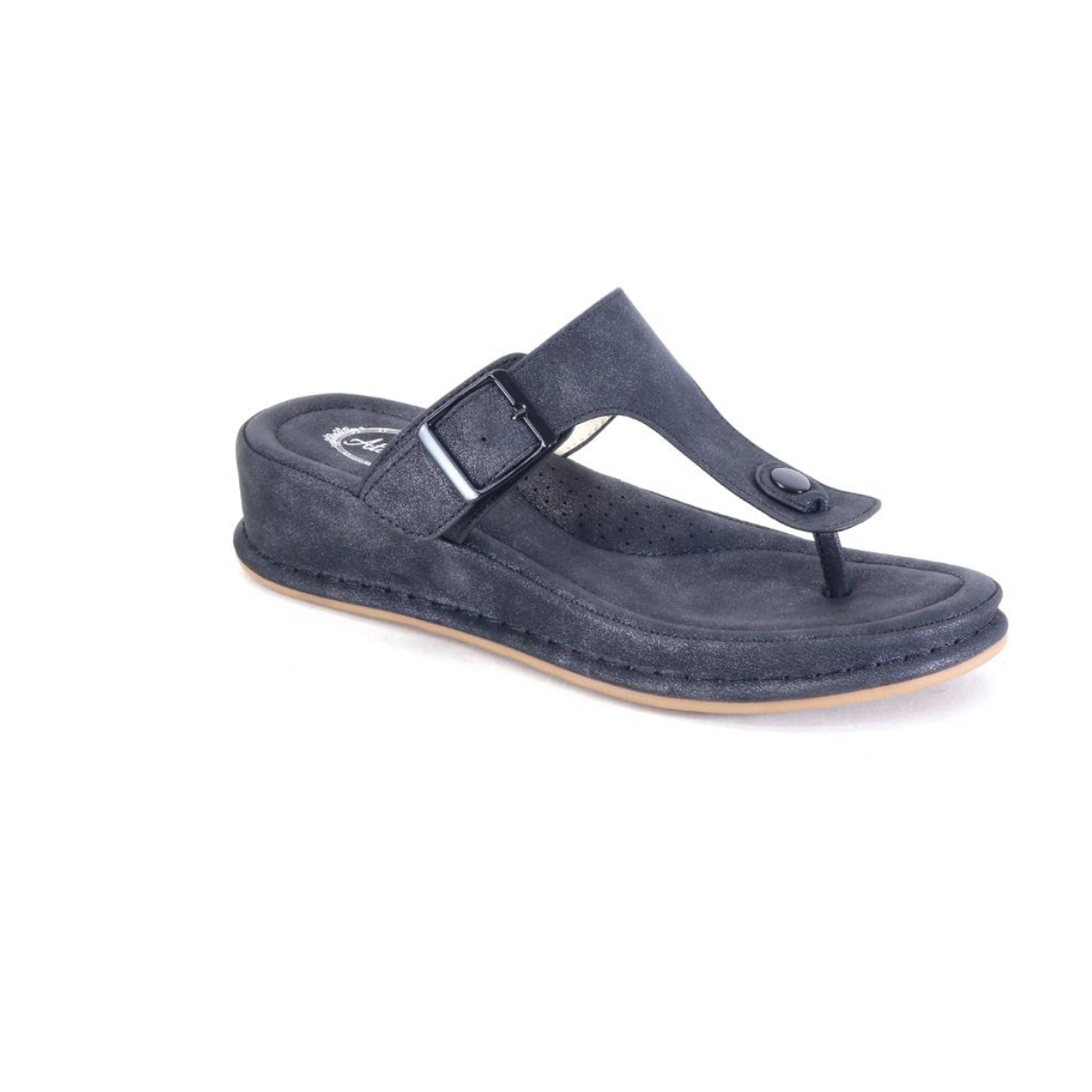 black Atalina wedge flip flop sandal with adjustable buckle strap and cushioned footbed