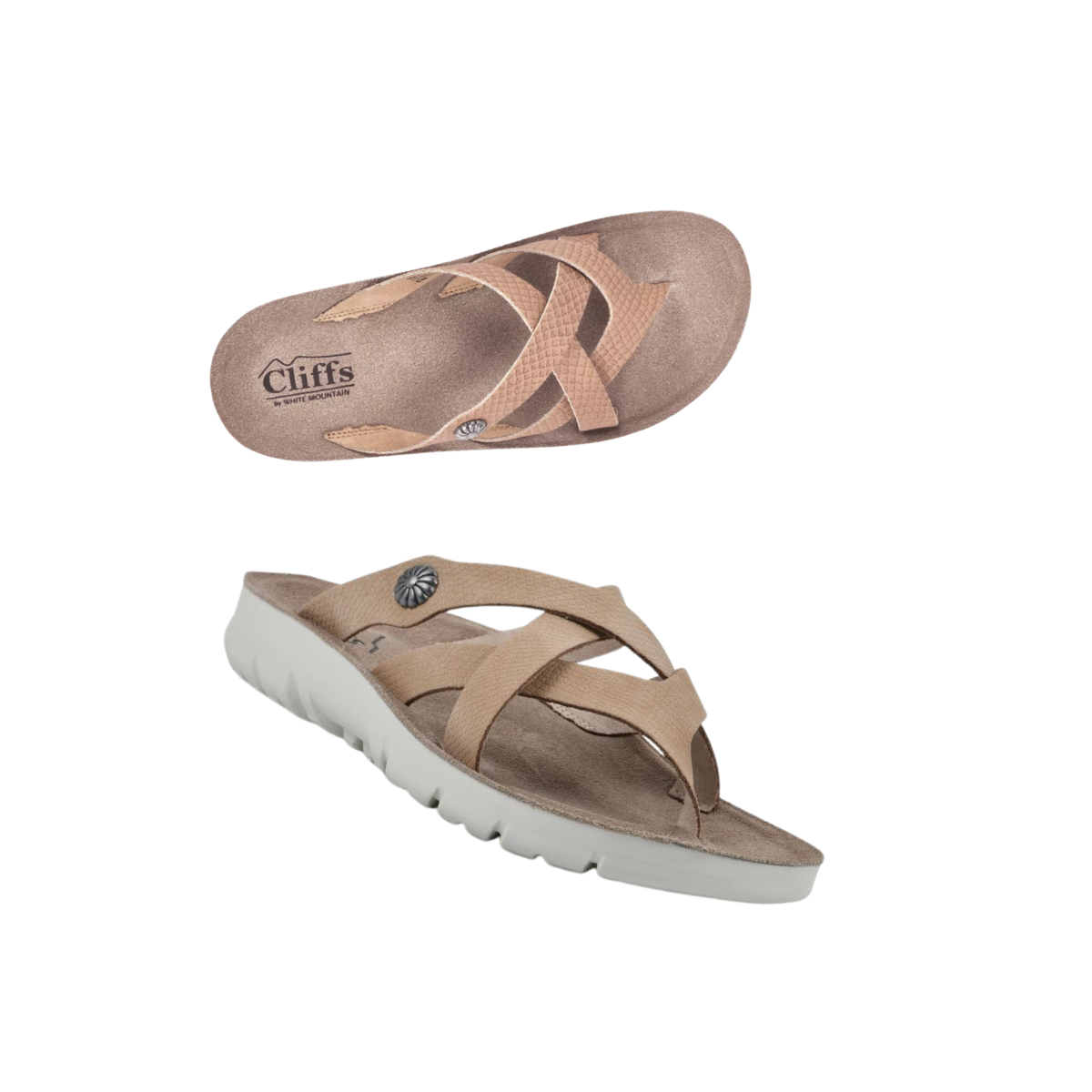 A pair of Cliffs Banksy Tan Print strappy flat sandals with cushioned footbed and textured sole, featuring crisscross straps, shown from top and side views on a white background. Main image
