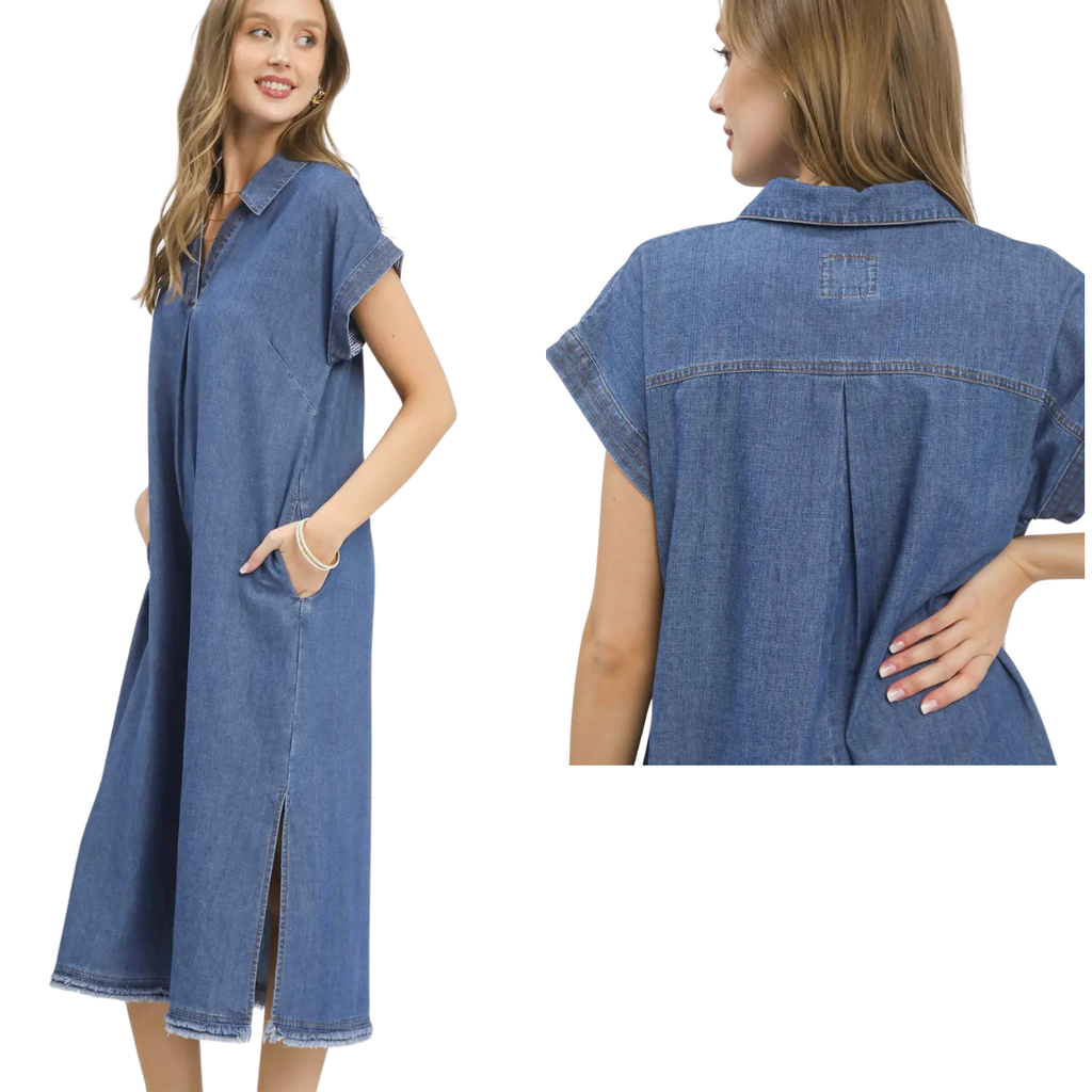 A woman models the Flipflops & Whatnots Stone Washed Collared Denim Midi Dress, featuring side pockets, front slits, and loose short sleeves. Both front and back views of this stylish midi dress are shown in the image.