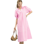 A woman models the Umgee Striped Puff Sleeve Midi Dress in Pink with a loose fit, holding a brown woven handbag against a white background.