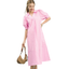 A woman models the Umgee Striped Puff Sleeve Midi Dress in Pink with a loose fit, holding a brown woven handbag against a white background.