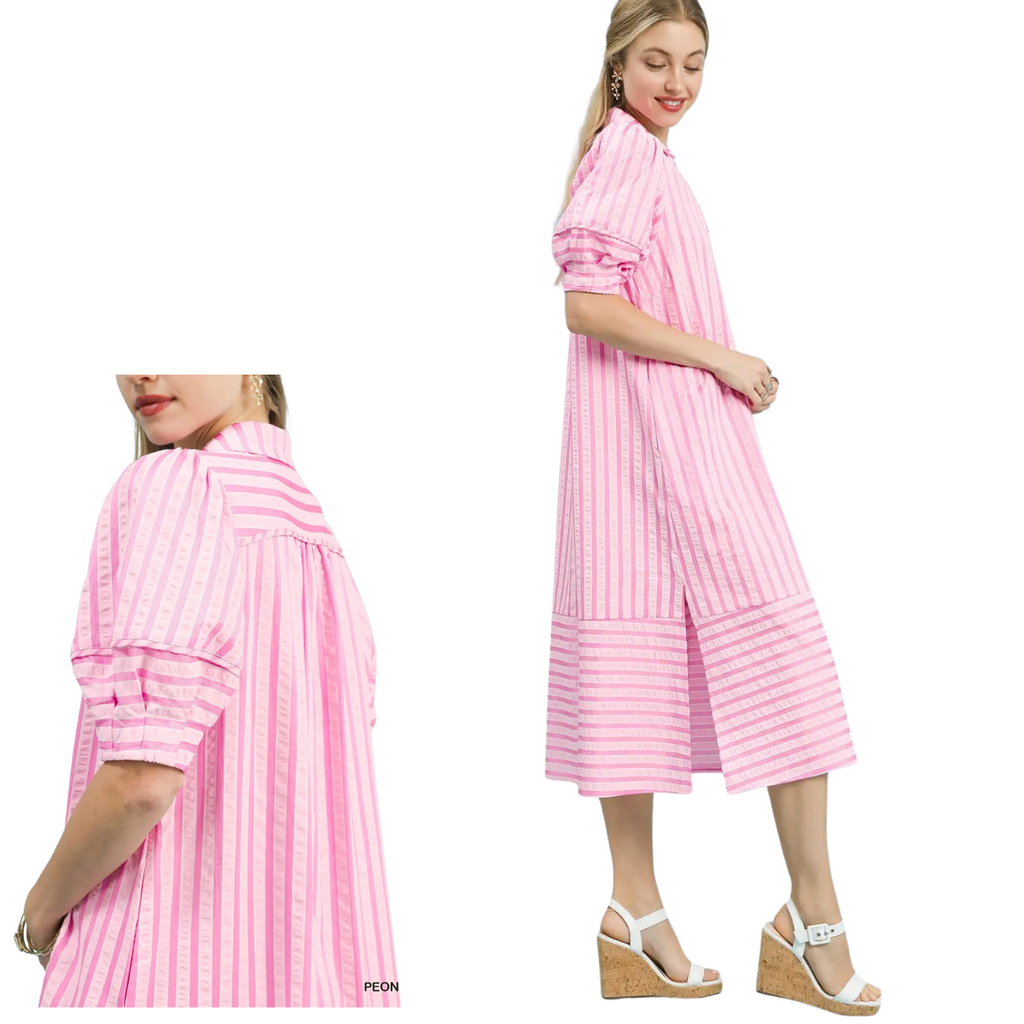 A woman models the Umgee Striped Puff Sleeve Midi Dress in Pink with long sleeves, shown from both front and back, paired with white wedge sandals.