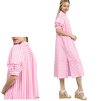 A woman models the Umgee Striped Puff Sleeve Midi Dress in Pink with long sleeves, shown from both front and back, paired with white wedge sandals.