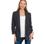 A woman smiles in the Zenana Woven 3/4 Ruched Sleeve Open Front Classic Blazer, styled over a white top and blue jeans, against a plain white background.