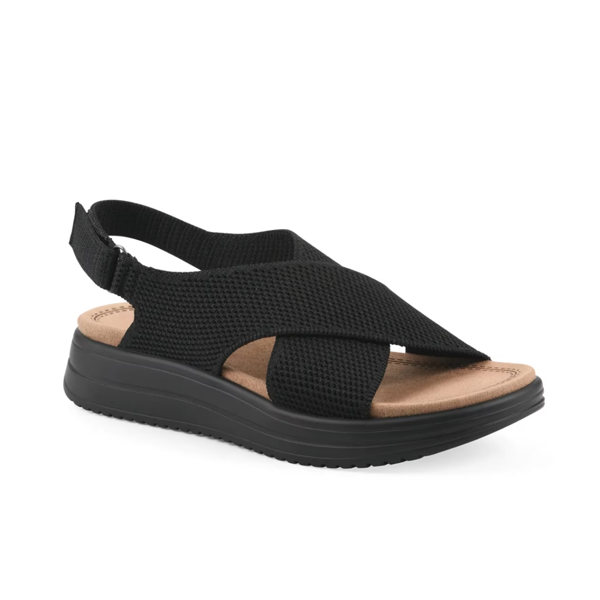 The cliffs Harleen Black Criss Cross Back Strap Sandal features a black open-toe design, knit crisscross upper straps, a back strap, and a thick cushioned sole for all-day comfort. Main image