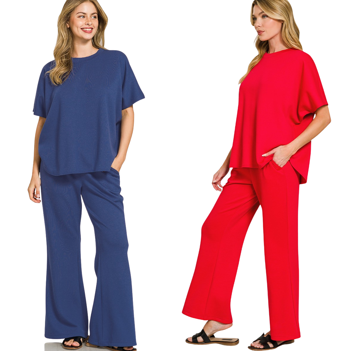 Two women wear the Zenana Scuba Curved Hem Top & Pants Set—one in blue, one in red—with loose-fit pants and curved hem tops, finishing their relaxed look with sandals.