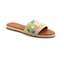 The SUMMER RIO Floral Flat Slide Sandal is a brown flat summer sandal featuring a wide strap with pink, yellow, and green floral embroidery.