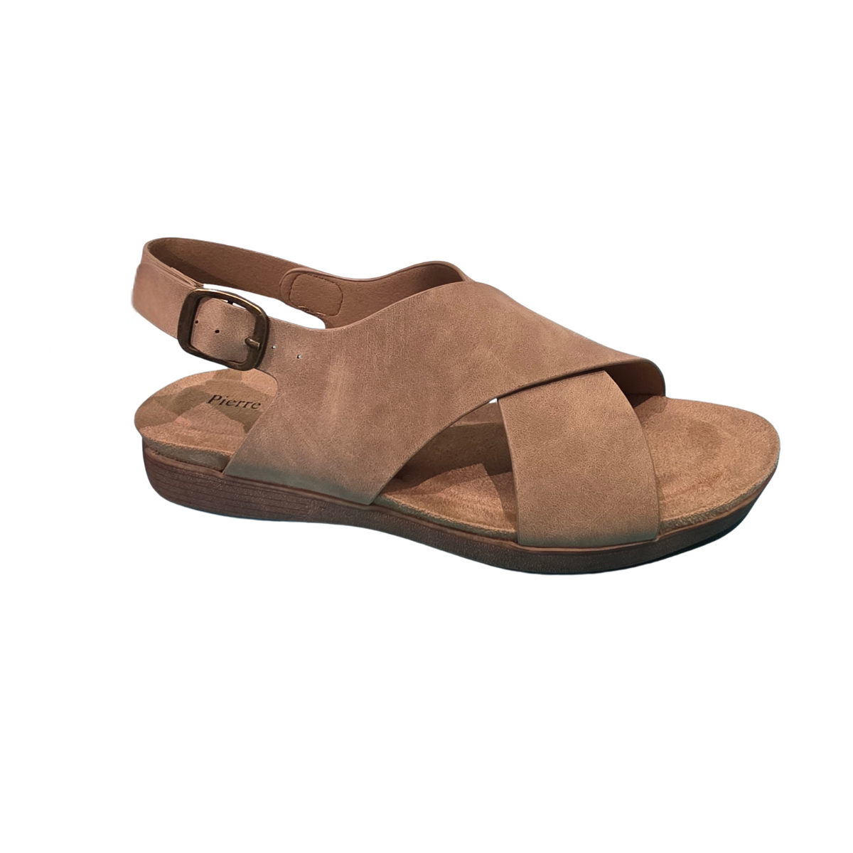 The Kori-22 Low Wedge Sandal by OLEM SHOE CORP features tan crisscross straps, an adjustable ankle buckle, cushioned footbed, and a low wedge heel for comfort. Displayed on a white background. Main image