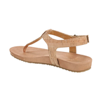 The tan Palisades Cork Sandal by Vionic features a cork texture, T-strap, back strap, slight heel, flat sole, and VIO MOTION technology for arch support.